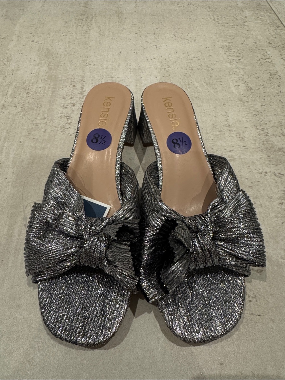 Kensie Silver Shimmery Knot-Front Slide Mules